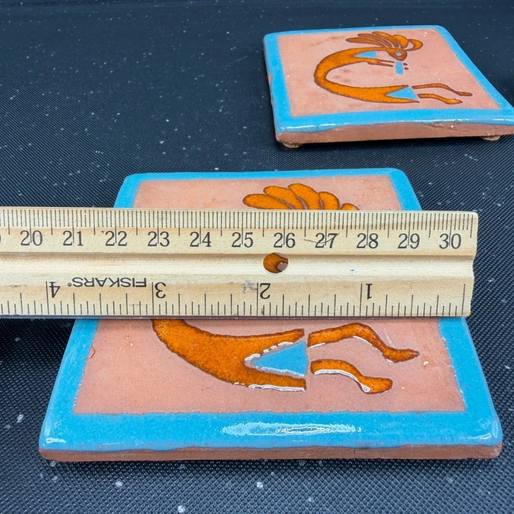 Tecate Mexico Kokopelli Terracotta Tiles Set of 4 Turquoise Orange 4in Coasters